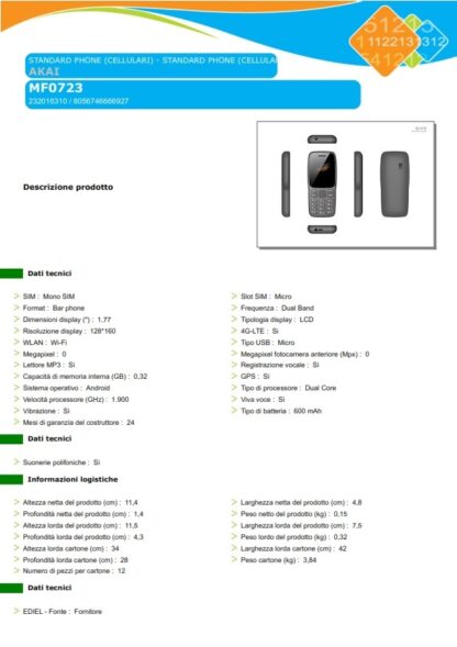 Telefono cellulare Akai MF0723 gsm - immagine 2