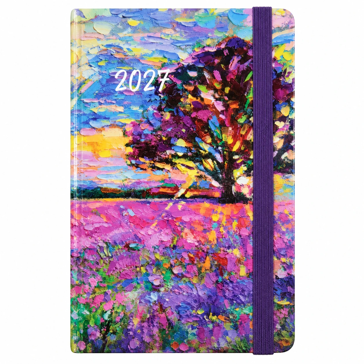 Agenda giornaliera 2027 Cangini Filippi con albero e campo fiorito ed elastico viola