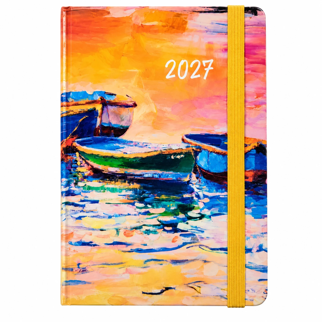 Agenda giornaliera 2027 Cangini Filippi 9×13 con copertina barche al tramonto ed elastico giallo