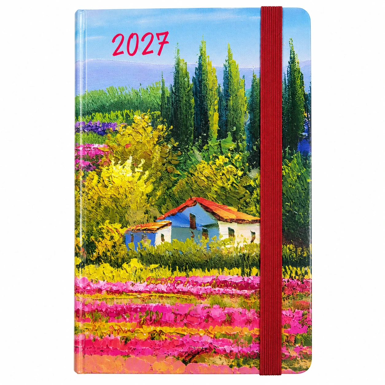 Agenda giornaliera 2027 Cangini Filippi con paesaggio toscano ed elastico rosso