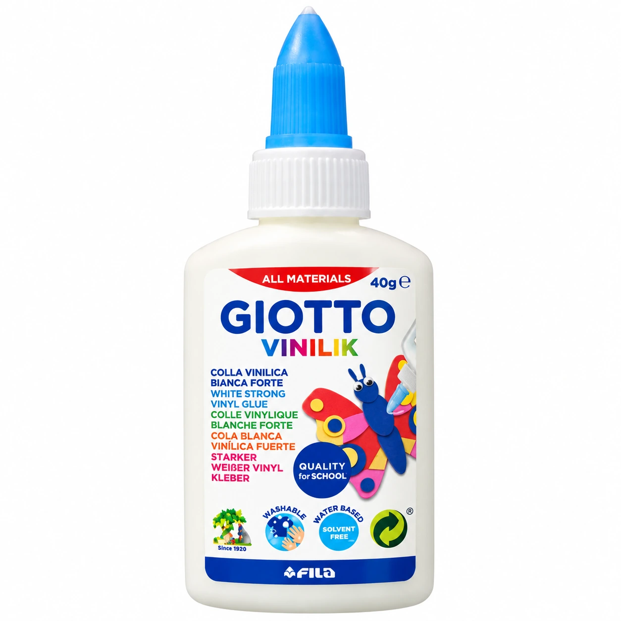 Flacone colla vinilica GIOTTO Vinilik bianca forte 40 g con beccuccio dosatore blu.