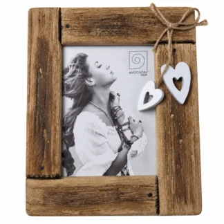 Portafoto Mascagni Casa A1965 in legno rustico con due cuori bianchi, fiocco in corda e formato foto 13×18 cm.