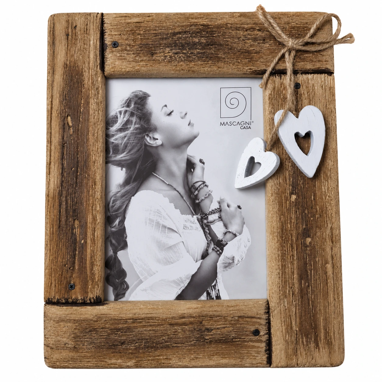 Portafoto Mascagni Casa A1965 in legno rustico con due cuori bianchi, fiocco in corda e formato foto 13×18 cm.